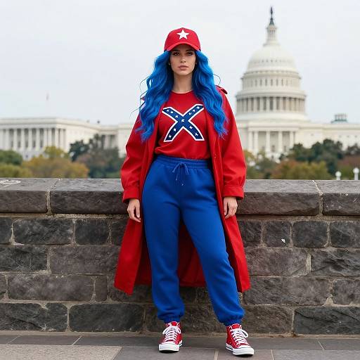 Photograph of a woman with blue hair, red jacket, blue pants, red sneakers, and cap, standing in front of a stone wall with the
