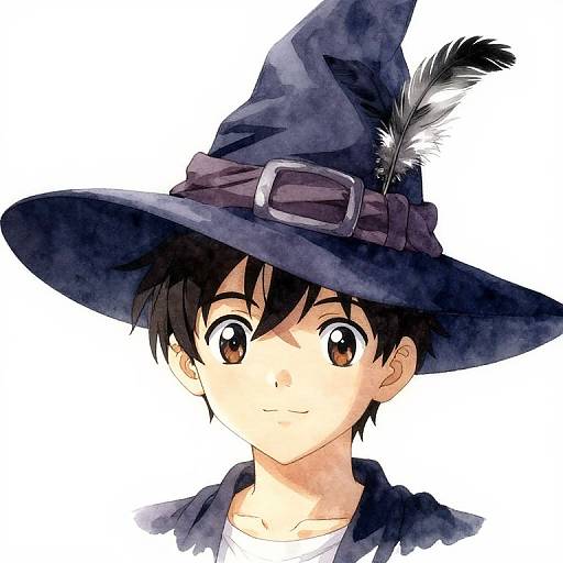 Anime-style digital drawing of a young boy with large brown eyes, black hair, and a witch hat with a feather, wearing a dark cloak. White