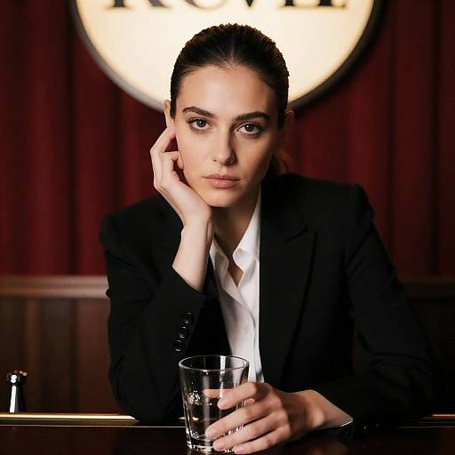 Woman in Black Blazer Holding Glass at Bar