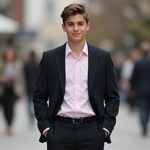 Photograph of a young, smiling Caucasian man with short brown hair, wearing a black pinstripe suit, white dress shirt, and hands in pockets