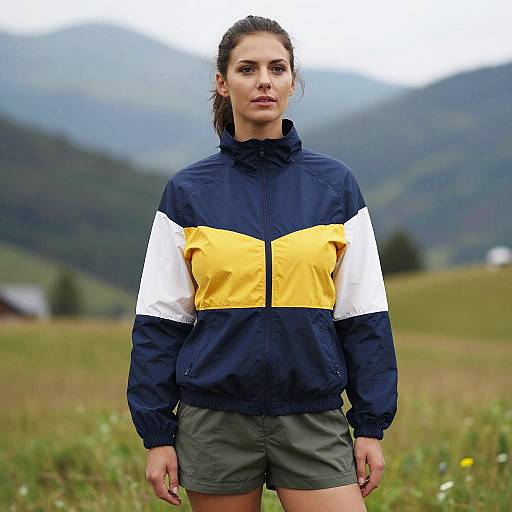 Photograph of a young woman with dark hair in a ponytail, wearing a navy, yellow, and white jacket, and green shorts, standing in
