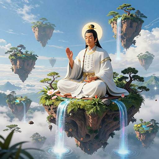 Digital artwork of a serene Buddhist monk with a halo, sitting meditating on a floating rock island with waterfalls, surrounded by cloud-covered sky and floating