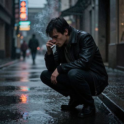 Photograph of a rain-soaked, dark-haired man in a black leather jacket crouching on a wet urban street, smoking a cigarette with smoke