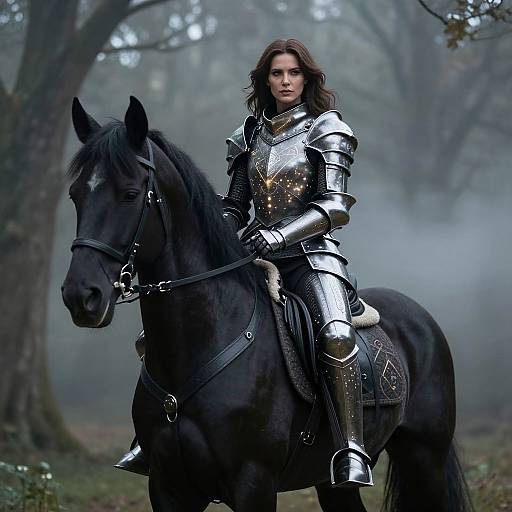 Photograph-style CGI of a fierce, dark-haired woman in silver armor riding a black horse in a misty forest.