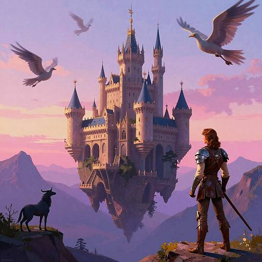 Digital fantasy artwork: Adventurer with sword gazes at floating, majestic castle; two birds fly by, mountainous landscape at sunset.