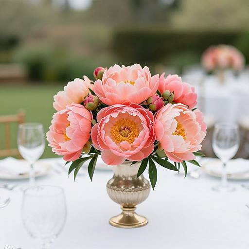 Photograph of a silver vase with a bouquet of pink peonies, set on a white tablecloth with blurred outdoor background.