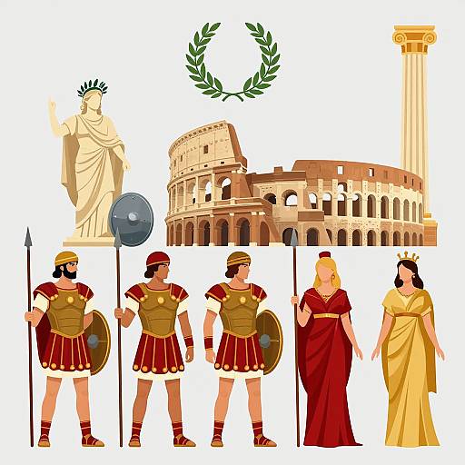 Digital illustration of Roman soldiers, a woman in red and yellow robes, Colosseum, Statue of Liberty, and laurel wreath.