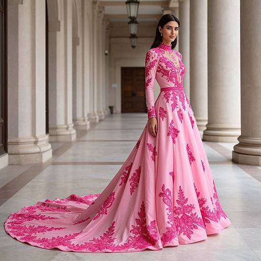 Photograph of an Indian woman with dark hair in a pink floral long-sleeve gown with a full, trailing skirt, standing in a marble-column