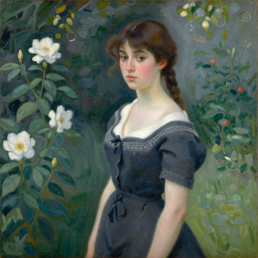 Impressionist painting of a young woman with fair skin, brown hair in a braid, wearing a black dress with white collar, surrounded by white