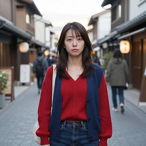 Photograph of an Asian woman with straight black hair, wearing a red sweater, blue vest, and denim jeans, walking down a narrow, illuminated Japanese