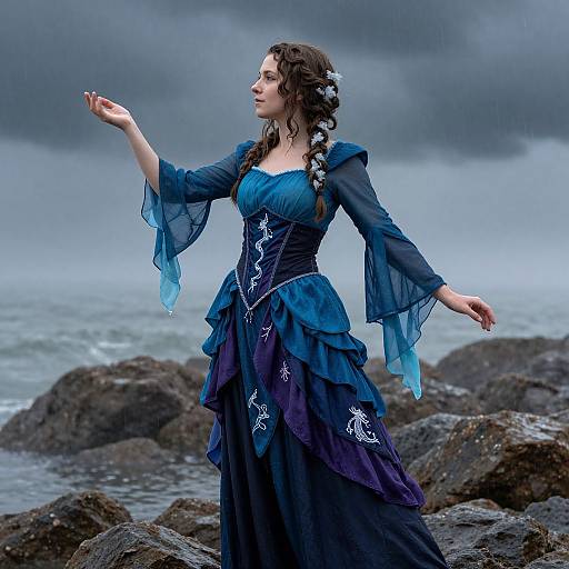 Photograph of a curly-haired woman in a blue, ruffled, Victorian-style dress, standing on rocky shore with dark, cloudy sky background. She