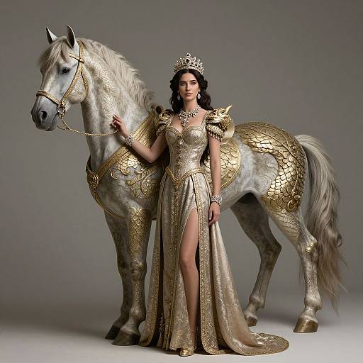 Photograph of a regal woman in a gold, ornate gown and crown, standing beside a white horse with gold armor.