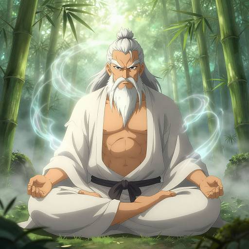 Digital anime-style drawing of a muscular, white-haired, elderly man with a long white beard, sitting cross-legged in a bamboo forest, wearing a white