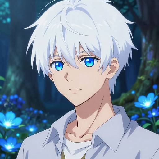 Digital anime-style portrait of a young man with white hair and blue eyes, wearing a white shirt, in a dark forest with glowing blue flowers.