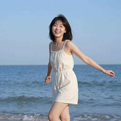 Photograph of a smiling Asian woman with short black hair, wearing a white sleeveless sundress, joyfully running along a beach with blue ocean and