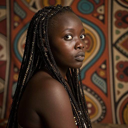 Photograph of a dark-skinned woman with long, braided hair, looking over her shoulder, set against a colorful, patterned background.