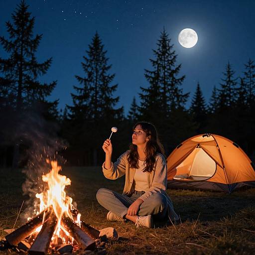 Young Woman Camping Under Starry Sky