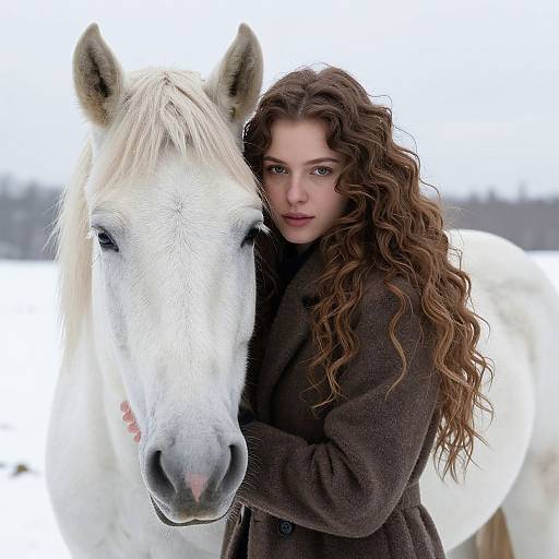 Young Woman Hugging White Horse in Snow