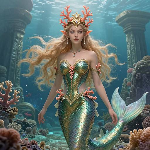 Digital artwork of a beautiful mermaid with long blonde hair, green and gold scales, coral crown, and fin, swimming underwater among coral and ancient ruins