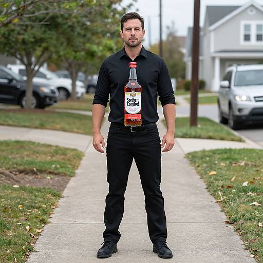 Photograph of a muscular man in black shirt and pants, standing on a suburban sidewalk with a whiskey bottle labeled 