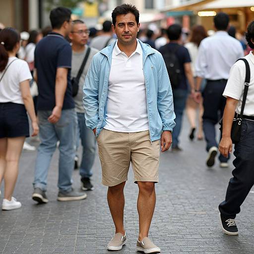 Photograph of a casually dressed man with short dark hair, light blue jacket, white shirt, beige shorts, and white sneakers, walking in a bustling