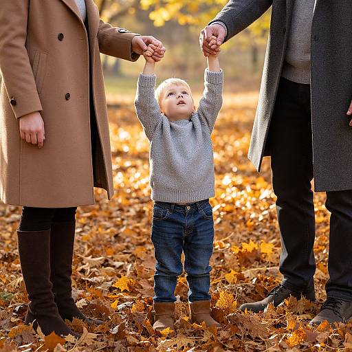 Photograph of a blonde toddler in a gray sweater and blue jeans, holding hands with adults in coats, standing on autumn leaves.