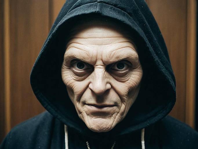 Close-up photograph of an intense elderly man with wrinkles, pale skin, and deep-set eyes, wearing a black hooded sweatshirt against a wooden background