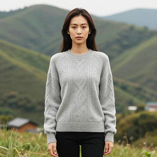 Photograph of an East Asian woman with long dark hair, wearing a light gray knitted sweater and black pants, standing in front of green, mountain