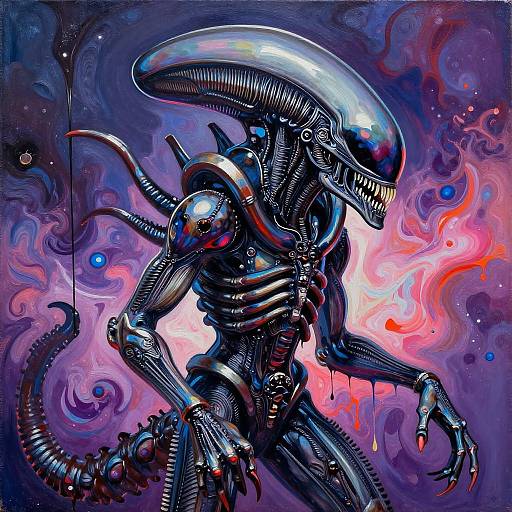 Digital art of a shiny, black, biomechanical Xenomorph with a glowing, elongated head, against a vibrant, swirling purple, pink