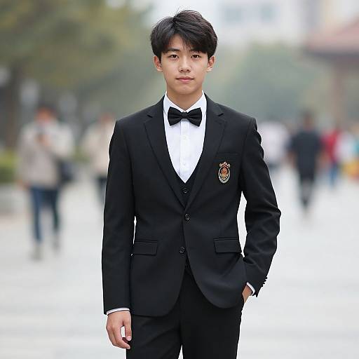 Photograph of an Asian teenage boy in a black tuxedo with a bow tie, standing confidently on a blurred city street.