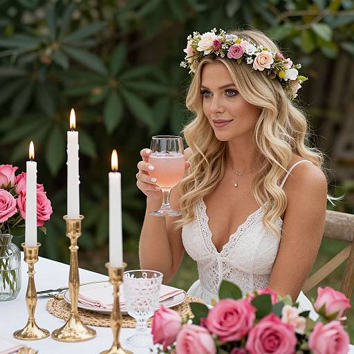 Photograph of a blonde woman with a flower crown, wearing a white lace dress, holding a pink cocktail, seated at a candlelit table with roses