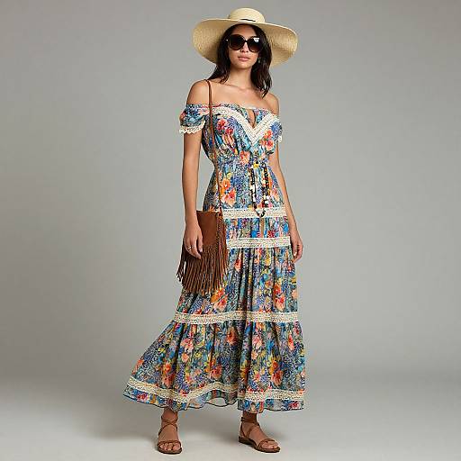 Photograph of a woman with tan skin, dark hair, wearing a wide-brimmed straw hat, blue floral off-shoulder dress, brown