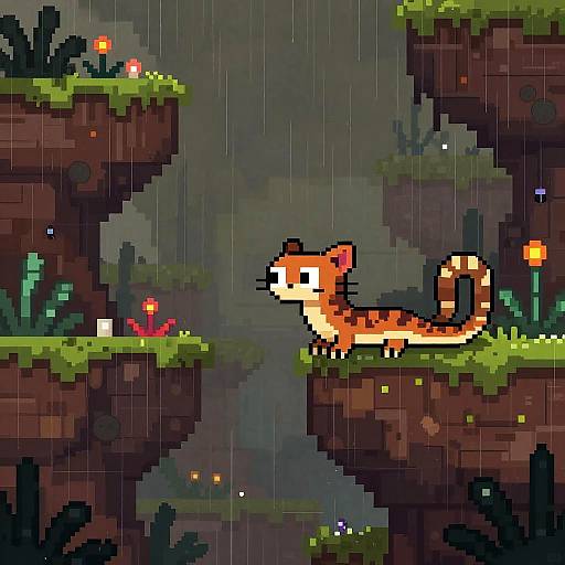 Pixel art of a rain-soaked forest with a small orange cat with a striped tail, standing on a mossy cliff, gazing at a red