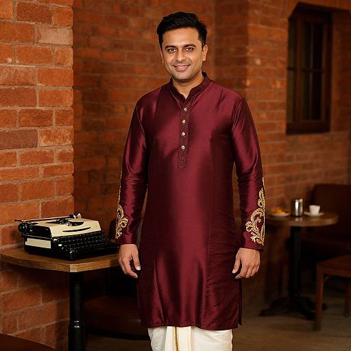 Photograph of a smiling South Asian man in maroon kurta with gold embroidery, white pants, standing in a brick-walled room with an old