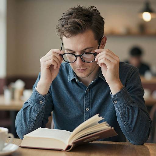 Man Removing Glasses in Cozy Cafe