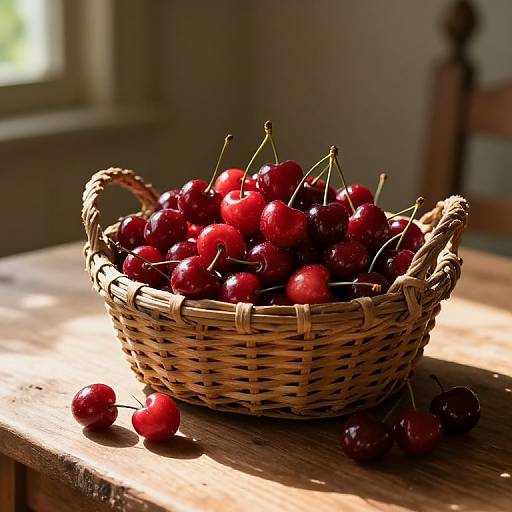 Photograph of a wicker basket filled with vibrant, shiny red cherries, some spilling onto a sunlit wooden table. Background includes a blurred
