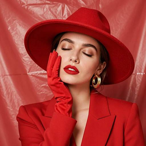 Elegant Woman in Red Hat and Gloves