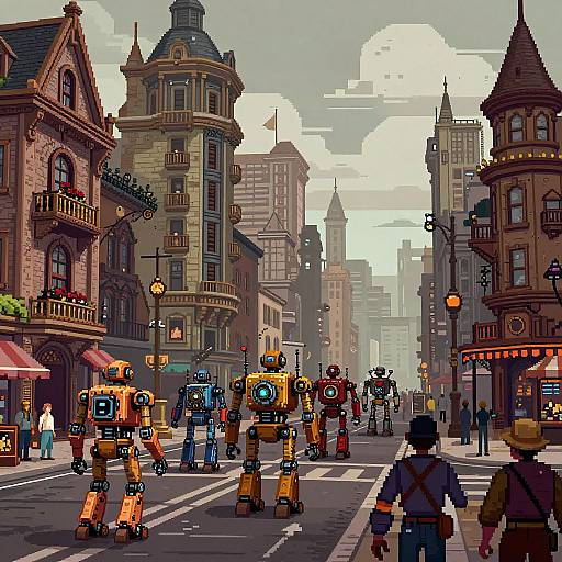 Steampunk City Robot Parade Pixel Art