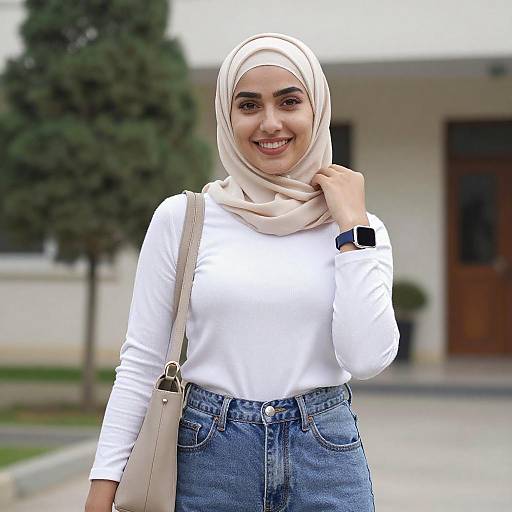 Smiling Woman in Beige Hijab Outdoors