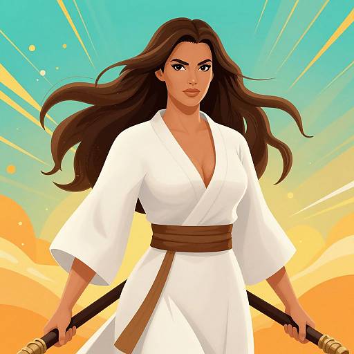 Digital art of a confident, dark-haired woman in a white karate gi, holding katana, with a radiant, sunlit, blue and orange