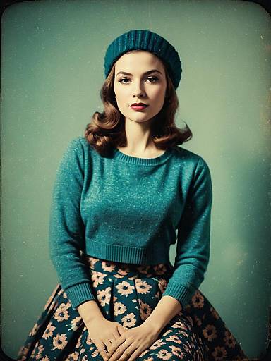 Retro Style Woman in Floral Skirt and Knit Beanie