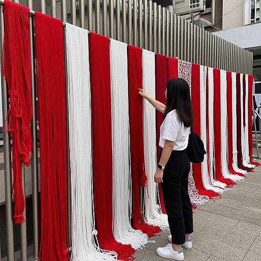Photograph of a woman with long black hair, white shirt, black pants, and white shoes, touching red and white fringed fabric panels on a