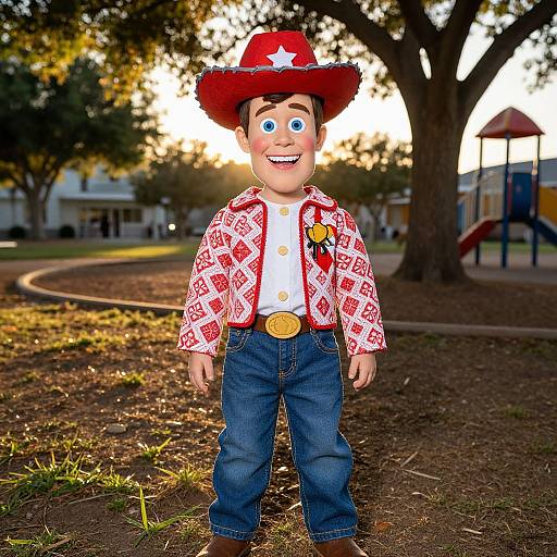 Photograph of a smiling, animated cowboy doll in red hat, white patterned shirt, blue jeans, yellow belt, standing outdoors at sunset.