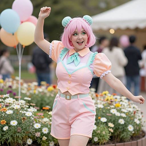 Photograph of a cheerful, pink-haired anime girl in pastel pink and blue cosplay, raising one arm, surrounded by colorful balloons and flowers.