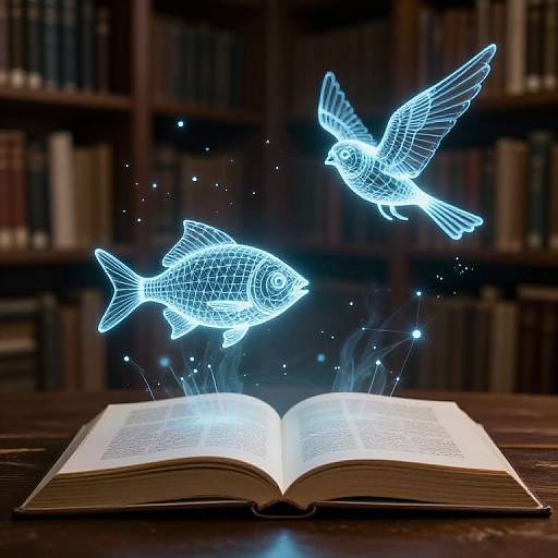 Digital illustration of glowing blue wireframe birds emerging from an open book on a wooden table, with blurred bookshelves in the background.
