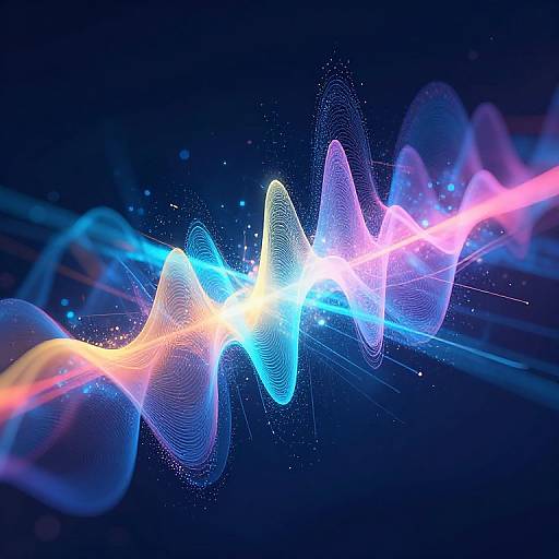 Digital art of vibrant, wavy, neon blue, pink, and white light waves intersecting against a dark blue background, with sparkling effects and lumin