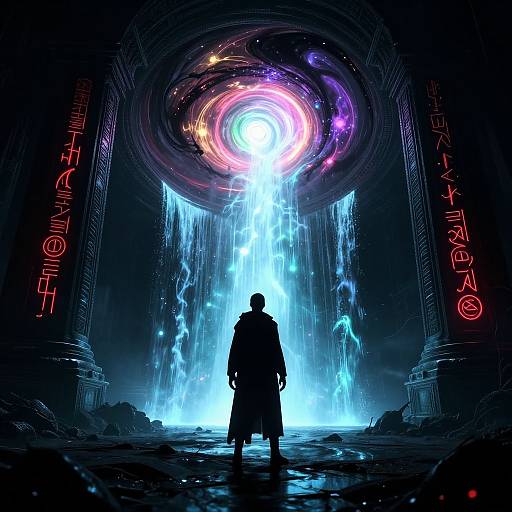 Digital artwork: Silhouetted figure stands before glowing portal, surrounded by neon red runes and cascading blue light, in a dark, futuristic chamber