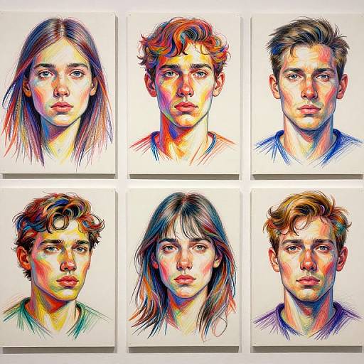 Colorful digital portrait collage of six individuals, three men and three women, featuring diverse hair styles and expressions, each in a separate square frame.