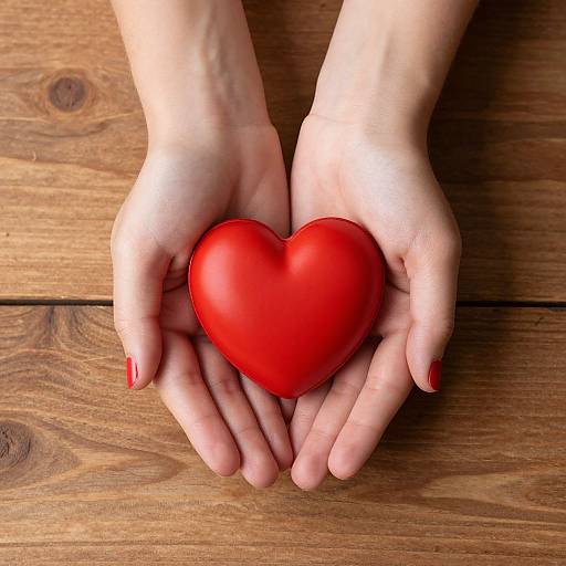 Photograph of two hands with red-painted nails gently holding a bright red heart-shaped object on a wooden surface.