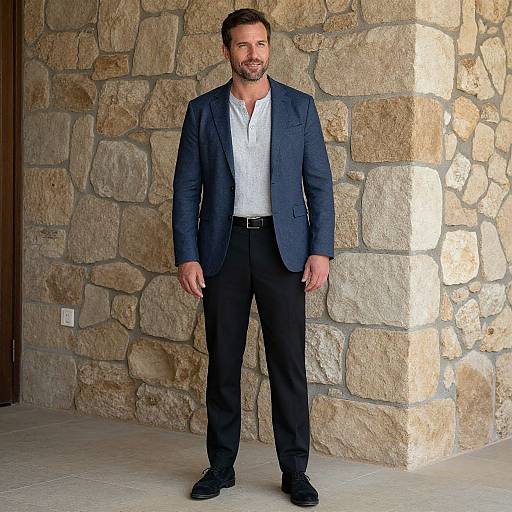 Photograph of a bearded man with short brown hair, wearing a navy blazer, white shirt, black pants, and black shoes, standing against